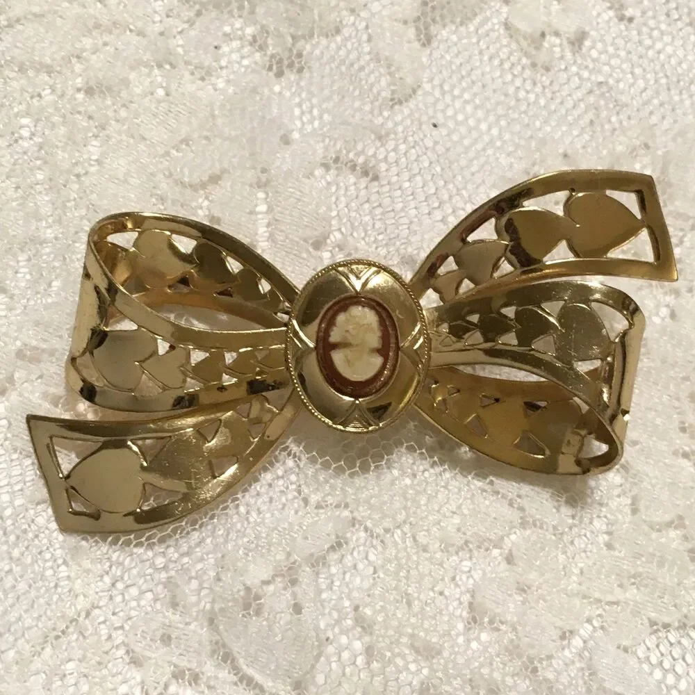 Vintage Victorian Style Bow with Coral Tone Cameo Brooch Gold Tone